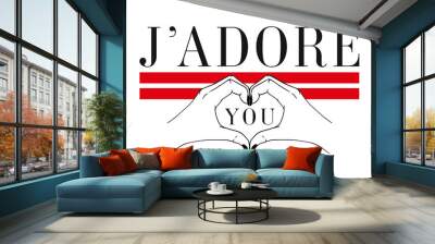 J'adore You slogan print design with hand heart shape and two stripes Wall mural