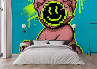 street art graffiti style teddy bear illustration and happy emoticon with slogan print design Wall mural