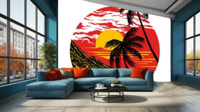 summer sunset with palm trees hand drawn illustration Wall mural