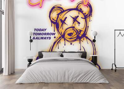 Teddy bear graffiti illustration with a slogan print design Wall mural