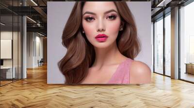 Portrait of Beautiful Woman with Pink tone Makeup with Flawless, Soft Wavy Hair in Pink Dress Fashion Beauty Model Close-Up Wall mural