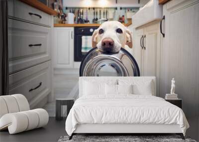 Hungry dog with sad eyes is waiting for feeding at kitchen. Cute labrador retriever is holding dog bowl in his mouth at home.. Wall mural