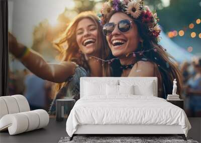 Celebrating Friendship and Music: Two Women Dancing at an Outdoor Festival Wall mural