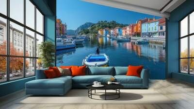 Serene Harbor View: Sailboats, Colorful Houses, and Clear Blue Sky in Tranquil Setting | Photography with Sony A7 II Wall mural