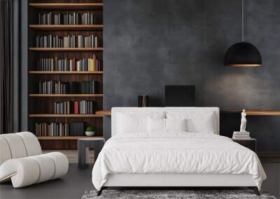 black minimalist office bookshelf The walls are wood and dark gray concrete. furniture Wall mural