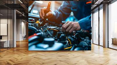 Hand technician of auto mechanic is working on repairing a car. Wall mural