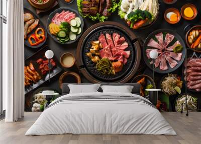 korean barbecue in thai style Thai barbecue pork, all you can eat barbecue buffet,  top view Wall mural