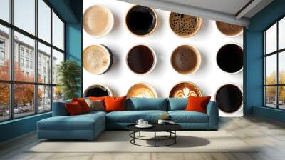 Set of coffee cups with various isolated on white background Wall mural