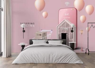 Shopping Online on Mobile Application Concept Marketing and Digital marketing. Store and shop on smartphone. Website Background Pink tone. Wall mural