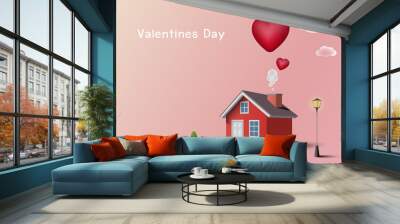 Valentines Day concept background. Red house with hearts smoke on pink background. Wall mural