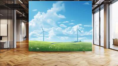 Windmill farm in green field with bright sky. Green Energy concept. Wall mural