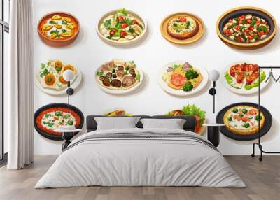 A collection of food items on plates, including pizza, salad, and other dishes Wall mural