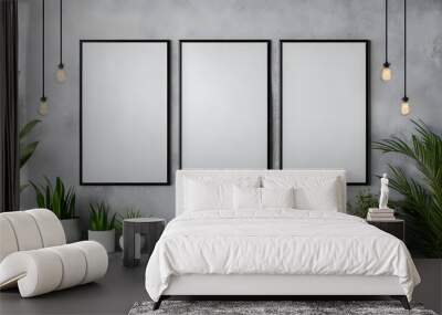 A white framed picture hangs on a wall with three other white framed pictures Wall mural