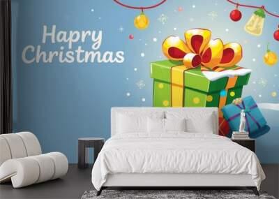 Colorful merry christmas background with cartoon presents and decorative elements, celebration, background Wall mural