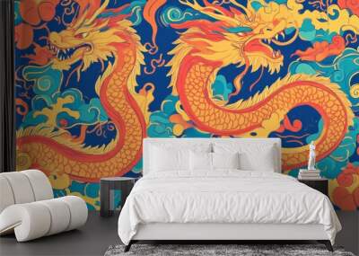 Two dragons are shown in a colorful background Wall mural