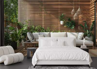 A modern wooden terrace with a white sofa and wood slats on the wall, a wooden floor, a side table with plants in pots, a garden light, in the style of Scandinavian Wall mural