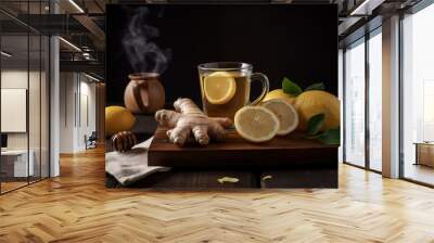 cup of lemon honey and ginger tea on wooden table and black background Wall mural