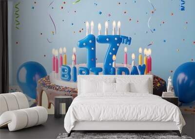 Blue Happy 17th Birthday Cake with Candles Wall mural