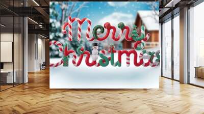 merry christmas text with festive ornaments and snowflakes Wall mural