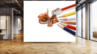 wooden color pencils with sharpener on white background represent concept of sharpen up to develop o Wall mural