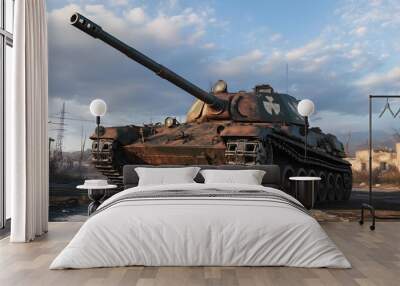 Fearsome Armored Military Tank Dominating Ruined Urban Landscape Wall mural