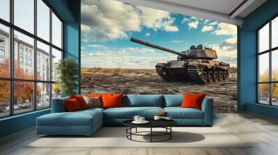 Formidable Armored Tank Looming on Desolate Battlefield with Ominous Clouds Wall mural