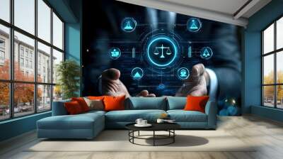 Futuristic Digital Interface with Scales of Justice Symbol for Business Analytics and Financial Insights Wall mural