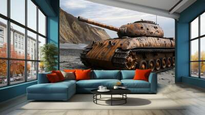 Rusted Abandoned Camouflage Tank on Coastal Battlefield Wall mural