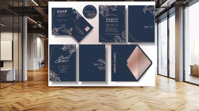 Set of rose gold leaf pattern wedding invitation card Dark blue tone background .rsvp card. Envelope. Suitable for wedding couple. Illustration/vector Wall mural