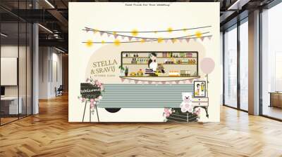 Vintage mobile Caravan bar , Retro Wedding Food Trucks. Wedding Decorations ideas.Vector/Illustration Wall mural