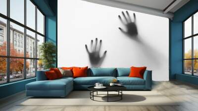 defocused hand silhouette behind frosted glass in black and white mode, halloween concept Wall mural