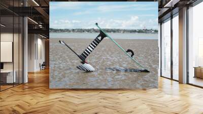 A kitesurfing hydrofoil board on the beach at low tide, Wai O Taki Bay, Glendowie, Auckland, New Zealand. Wall mural