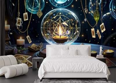 Mystical tarot cards float within a glowing crystal sphere, surrounded by magic herbs, a pendulum, and candlelight energy. Wall mural