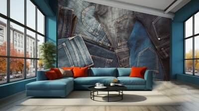 Fashion different jeans background. Retro toned. Wall mural