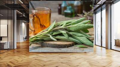 Fresh sage, cup of healthy salvia tea, medicinal herbs and glass bottles of essential oil and tincture on background. Wall mural