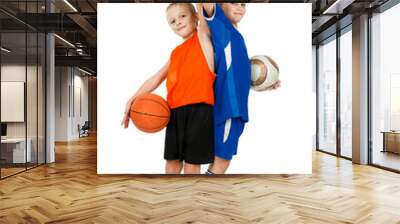 Two boys - a basketball player and footballer with balls Wall mural