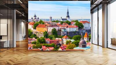 View from tower of Saint Olaf Church on old city of Tallinn and Wall mural