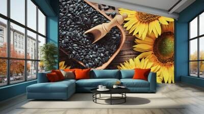 Wooden bowl of black sunflower seeds, beautiful yellow sunflowers on wooden board, top view, flat lay. Wall mural