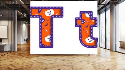 Cute Happy Halloween T Alphabet Capital Small Letter Party Font Typography Character Cartoon Spooky Horror colorful Paper Cutout Type design celebration vector Illustration Skull Pumpkin Bat Witch Hat Wall mural