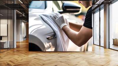 An auto detailer hand polishing  paint surface of a shiny white car, Car detailing, and polishing concept, a person holds the microfiber in hand and polishes the car Wall mural