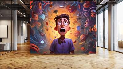 Illustration of a Panic attack. a guy having panic disorder incident, Psychology, solitude, fear, or mental health problems concept. A depressed person surrounded by monsters and scary thoughts Wall mural