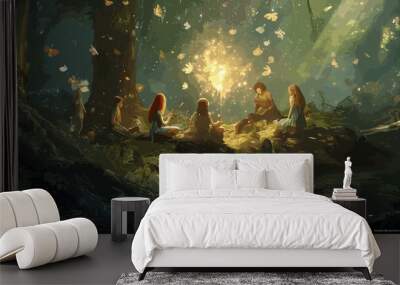 A gathering of mythical beings in a hidden forest glade, medium digital art, style whimsical and enchanting, lighting dappled sunlight through leaves, colors vibrant greens and soft fairy lights, comp Wall mural