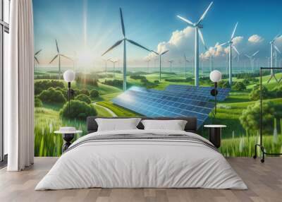 An image showcasing renewable energy solutions such as solar panels and wind turbines in a green, open landscape.
 Wall mural