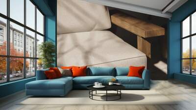 Close up of 3d modern fabric and wooden chair in the dark room with sunlight and shadow. 3d interior illustration. Wall mural