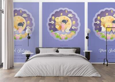 Happy Mid Autumn festival with beautiful lotus and bunny, full moon. Paper cut vector illustration. Wall mural