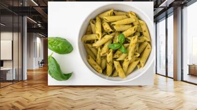 Homemade italian penne pasta noodle cook food with organic green fresh basil leaf cheese nut pesto sauce healthy meal for vegan vegetarian Wall mural