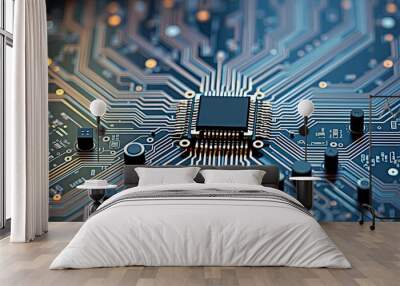 The Heart of Innovation: A close-up shot of a powerful microprocessor nestled within a intricate circuit board, showcasing the complexity and beauty of modern technology.   Wall mural