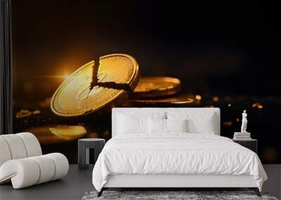 A close-up of broken gold coins with a shimmering effect, highlighting wealth and luxury against a dark background. Wall mural