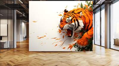 A fierce tiger emerges from vibrant foliage, showcasing its striking orange fur and intense expression, capturing the essence of wild beauty. Wall mural