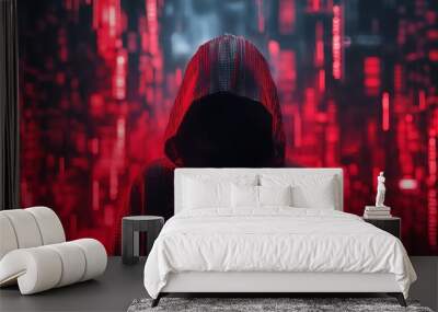 A hooded figure in front of a digital matrix symbolizing Wall mural